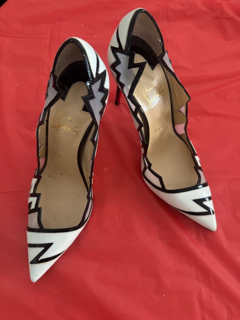 Christian Louboutin White & Black Zigzag Pointed Stiletto Pumps